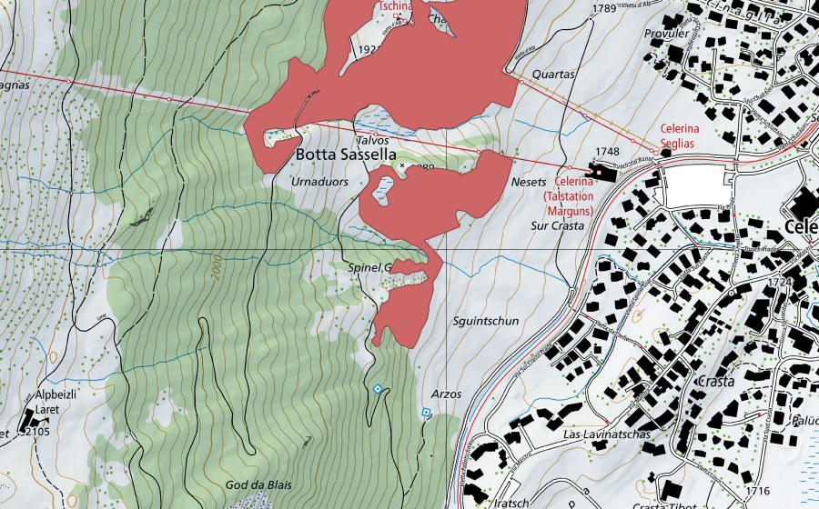 Carte nationale swisstopo avec le périmètre protégé de Botta Sassella (Prairie sèche)