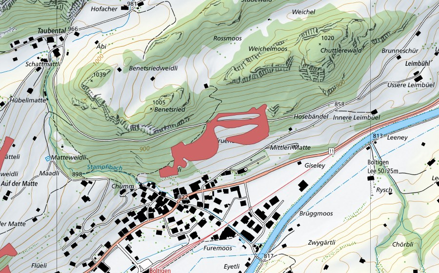 swisstopo national map showing the protected perimeter of Bottigen (Dry meadow)