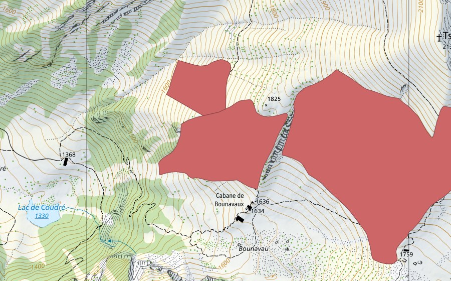 Carte nationale swisstopo avec le périmètre protégé de Bounavaux (Prairie sèche)