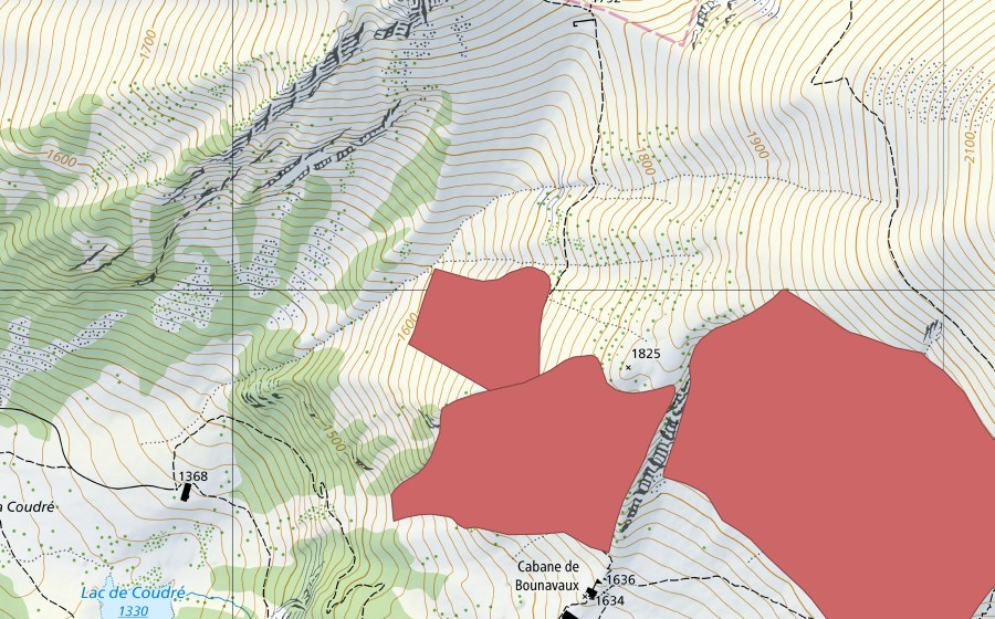 swisstopo national map showing the protected perimeter of Bounavaux (Dry meadow)