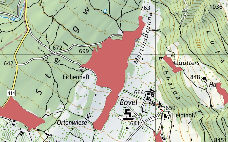Carte nationale swisstopo avec le périmètre protégé de Bovel (Prairie sèche)