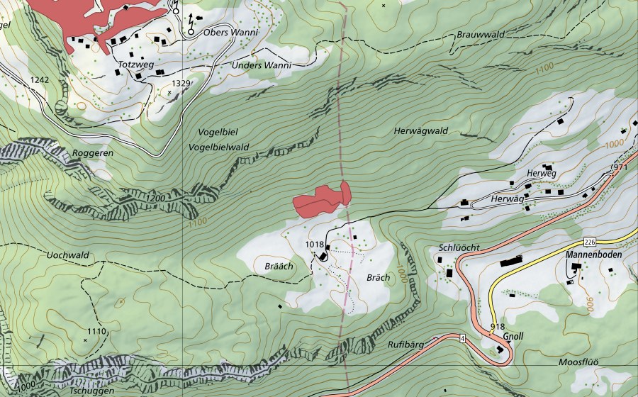 Carte nationale swisstopo avec le périmètre protégé de Brääch (Prairie sèche)