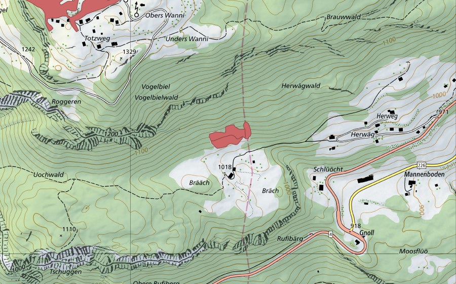 swisstopo national map showing the protected perimeter of Brääch (Dry meadow)
