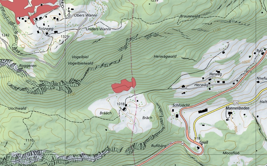 swisstopo national map showing the protected perimeter of Brääch (Dry meadow)