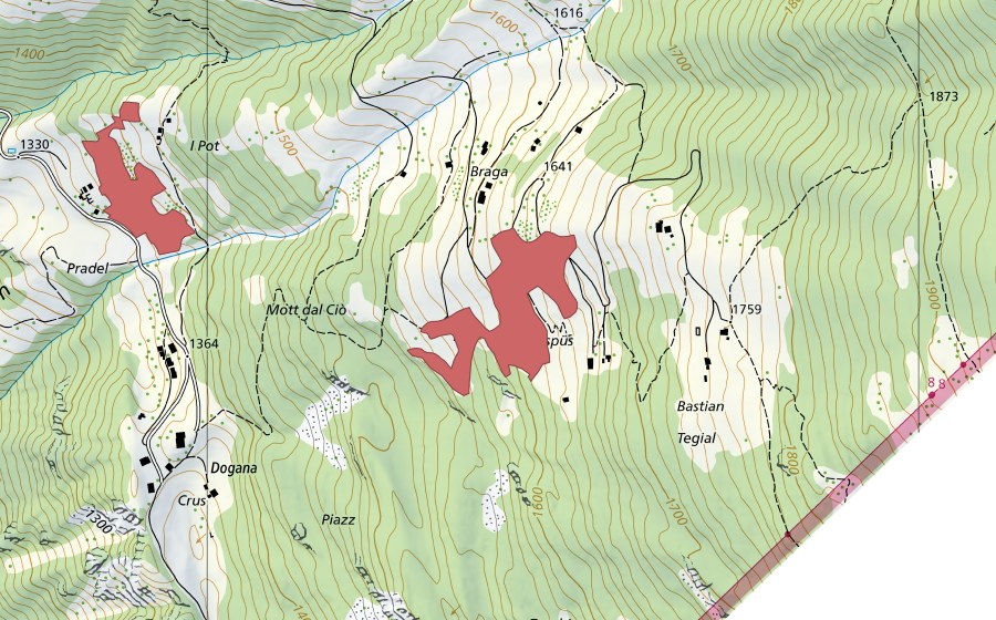 swisstopo national map showing the protected perimeter of Braga (Dry meadow)
