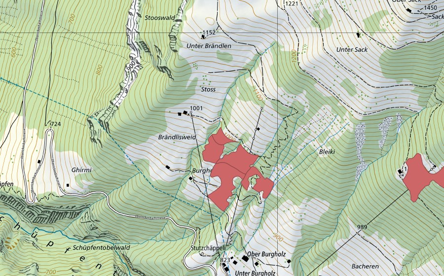 Carte nationale swisstopo avec le périmètre protégé de Brändlisweid (Prairie sèche)
