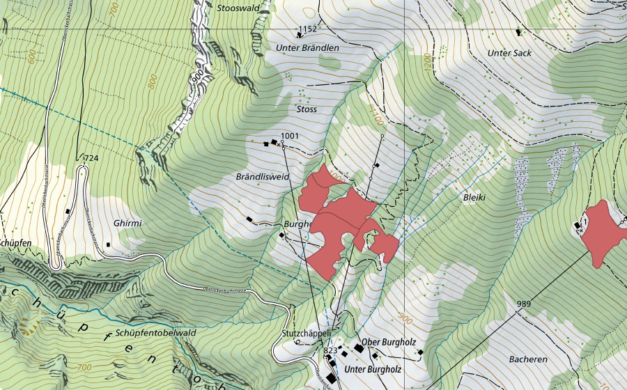 Carte nationale swisstopo avec le périmètre protégé de Brändlisweid (Prairie sèche)