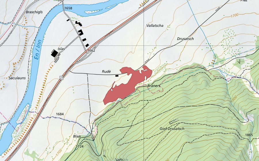 swisstopo national map showing the protected perimeter of Braners (Dry meadow)