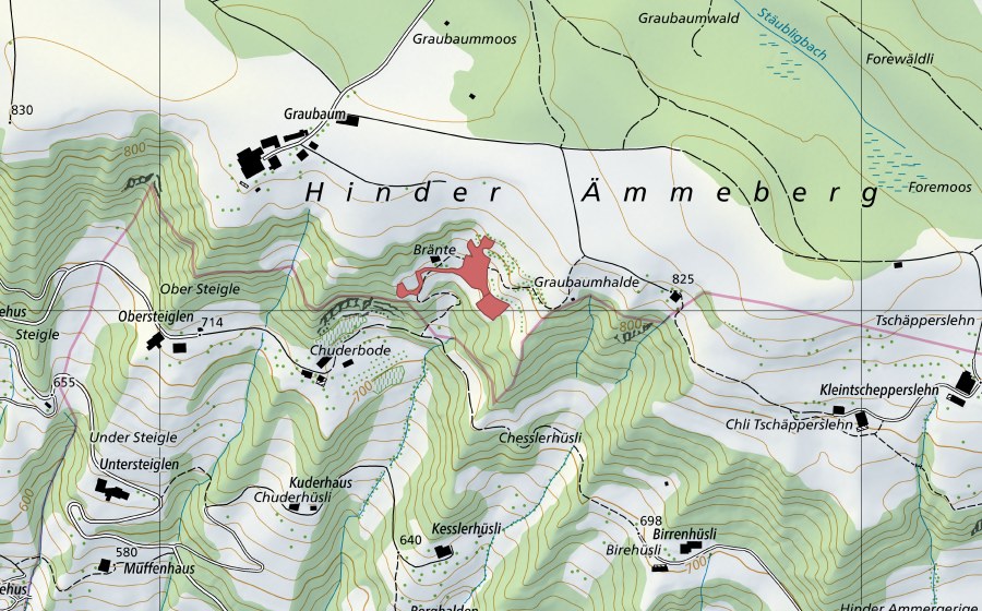 Carte nationale swisstopo avec le périmètre protégé de Bränte (Prairie sèche)