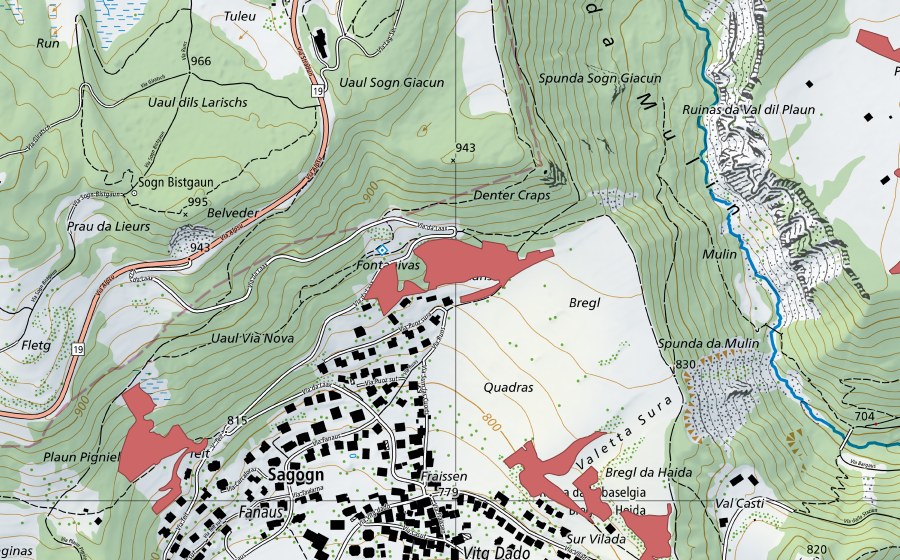 Landeskarte swisstopo mit dem Schutzperimeter von Bregl (Trockenwiese)