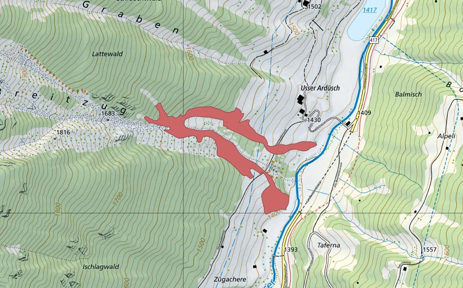 Carte nationale swisstopo avec le périmètre protégé de Breit Zug (Prairie sèche)