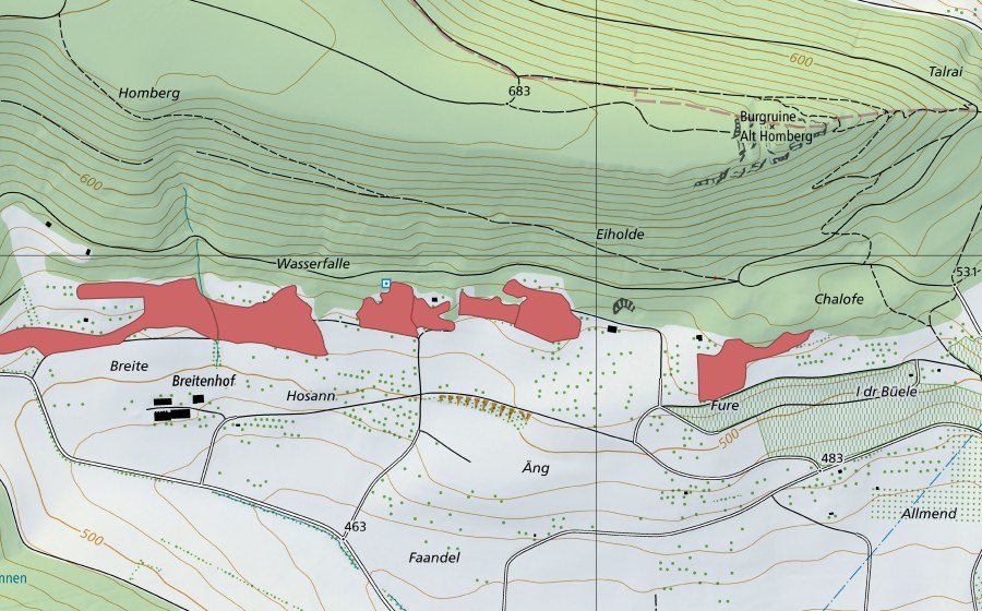 Carte nationale swisstopo avec le périmètre protégé de Breiten (Prairie sèche)