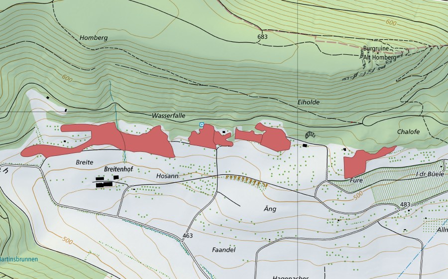 Carte nationale swisstopo avec le périmètre protégé de Breiten (Prairie sèche)