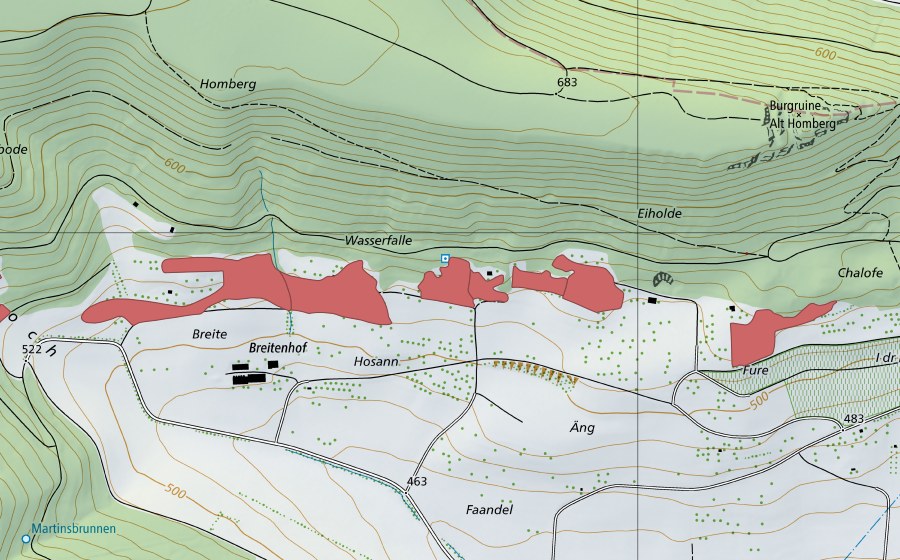 Landeskarte swisstopo mit dem Schutzperimeter von Breiten (Trockenwiese)