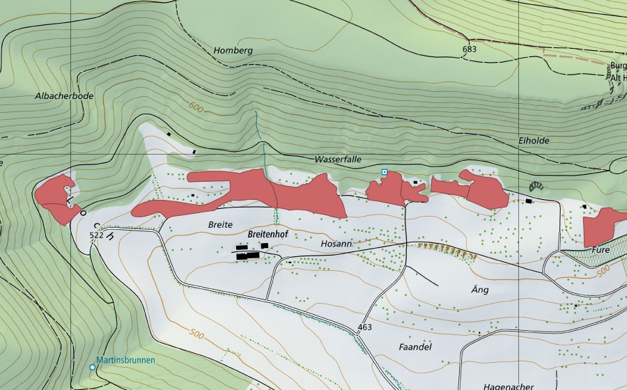 Carte nationale swisstopo avec le périmètre protégé de Breiten (Prairie sèche)