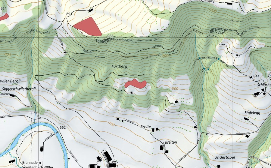 swisstopo national map showing the protected perimeter of Breiten (Dry meadow)