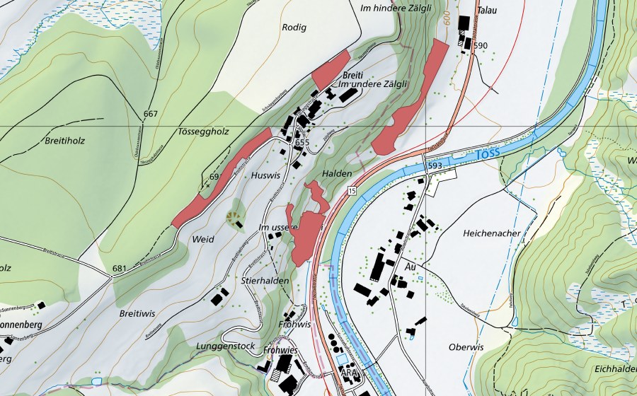 Landeskarte swisstopo mit dem Schutzperimeter von Breiti (Trockenwiese)