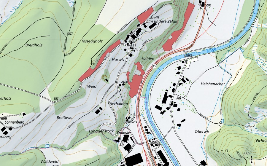 swisstopo national map showing the protected perimeter of Breiti (Dry meadow)