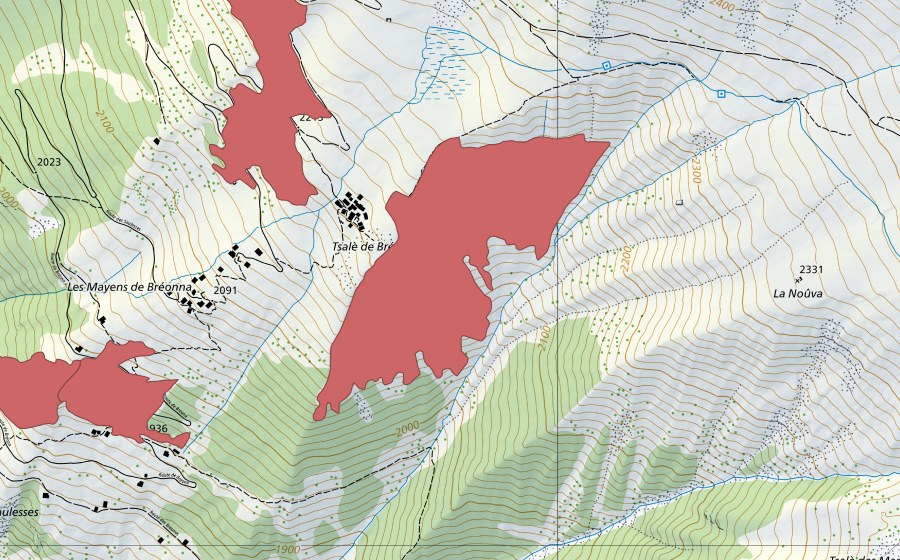 swisstopo national map showing the protected perimeter of Bréona (Dry meadow)