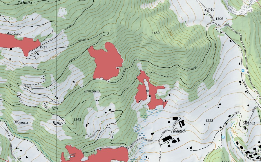 swisstopo national map showing the protected perimeter of Brinzeuls (Dry meadow)