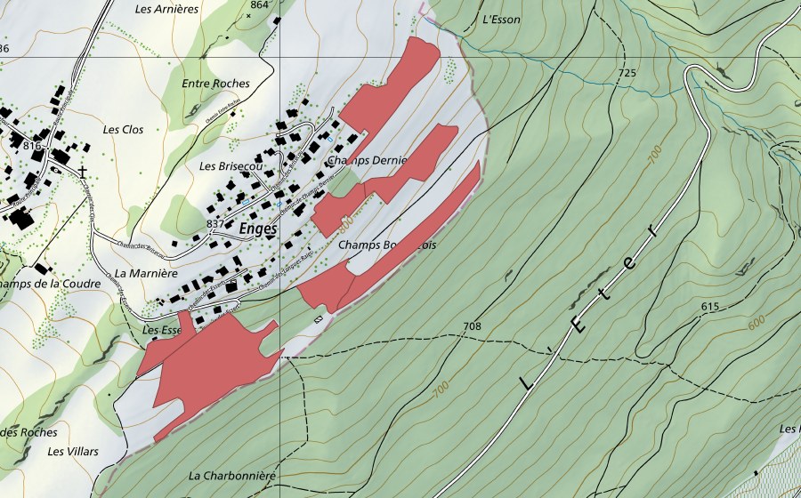 Carte nationale swisstopo avec le périmètre protégé de Brisecou (Prairie sèche)