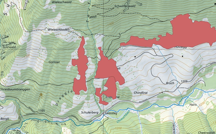 Carte nationale swisstopo avec le périmètre protégé de Bruch (Prairie sèche)