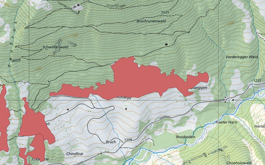 Landeskarte swisstopo mit dem Schutzperimeter von Bruch (Trockenwiese)