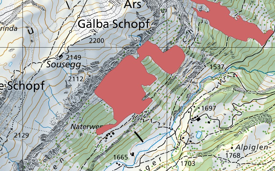 Carte nationale swisstopo avec le périmètre protégé de Brüch (Prairie sèche)