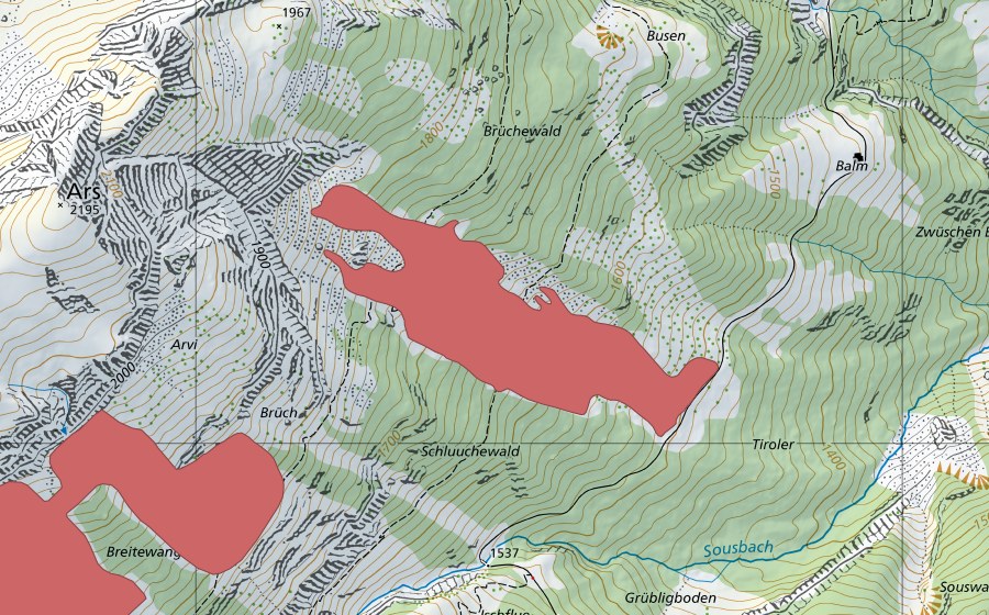 Landeskarte swisstopo mit dem Schutzperimeter von Brüch (Trockenwiese)