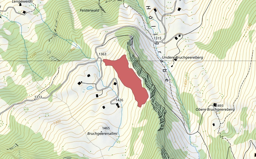 Landeskarte swisstopo mit dem Schutzperimeter von Bruchgeerenallmi (Trockenwiese)
