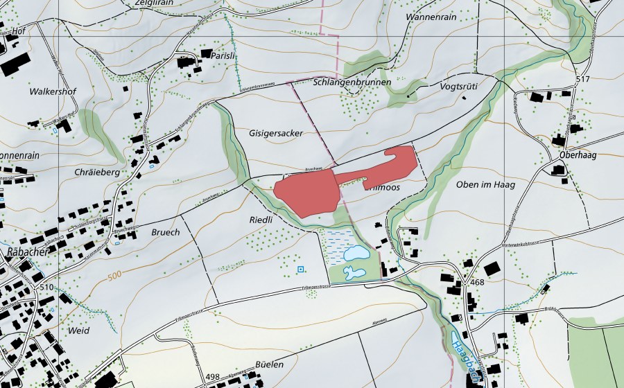 swisstopo national map showing the protected perimeter of Bruech (Dry meadow)