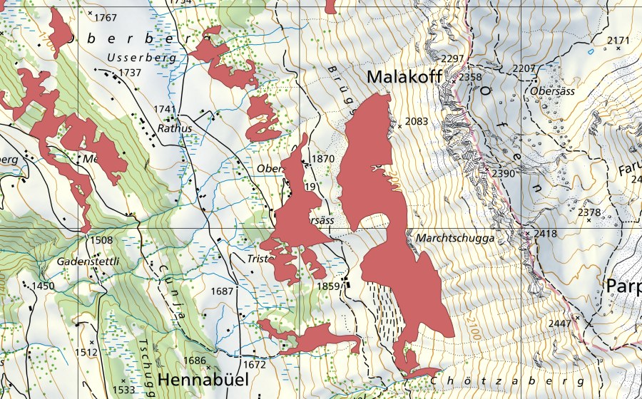 Carte nationale swisstopo avec le périmètre protégé de Brüggigerberg (Prairie sèche)