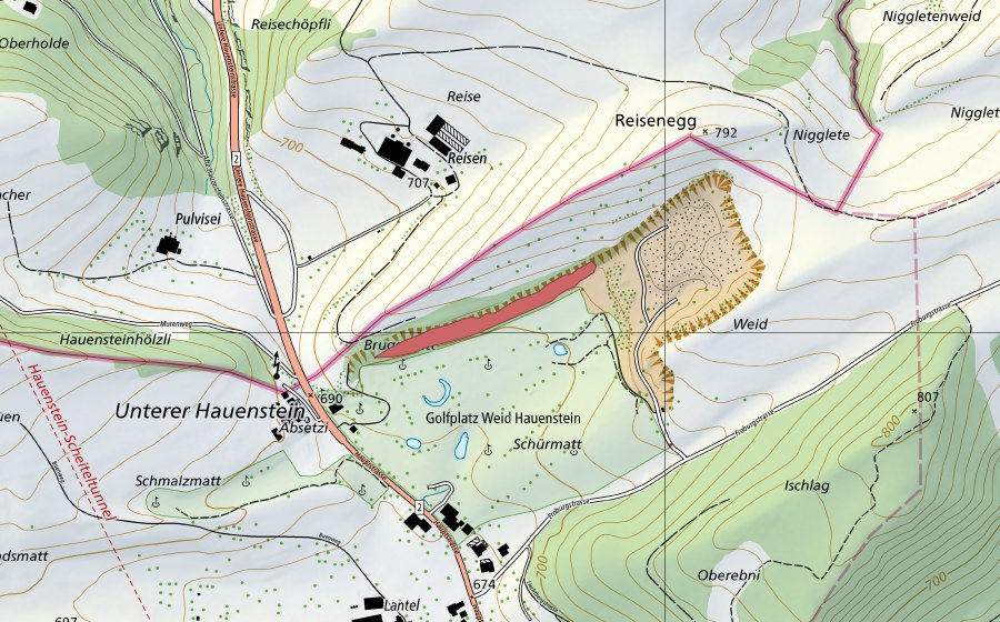 swisstopo national map showing the protected perimeter of Bruggmatt (Dry meadow)