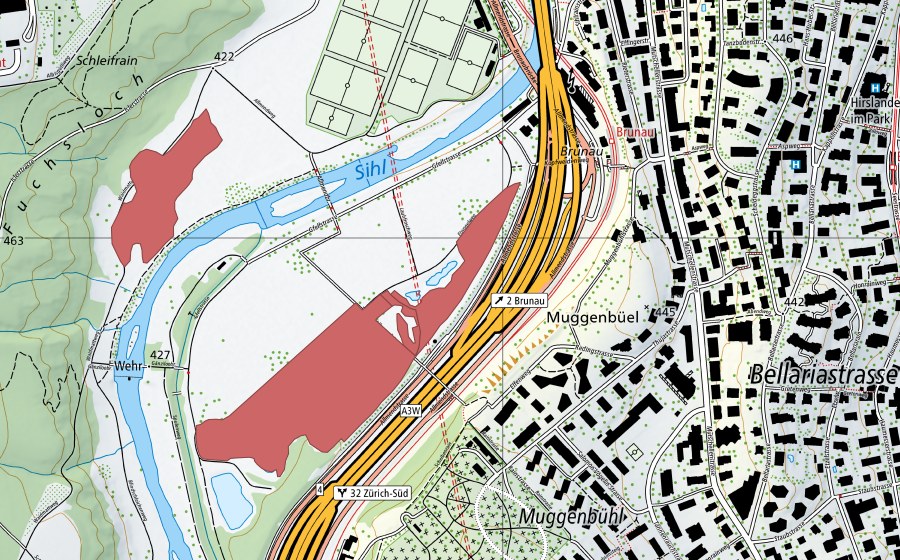 Carte nationale swisstopo avec le périmètre protégé de Brunau (Prairie sèche)