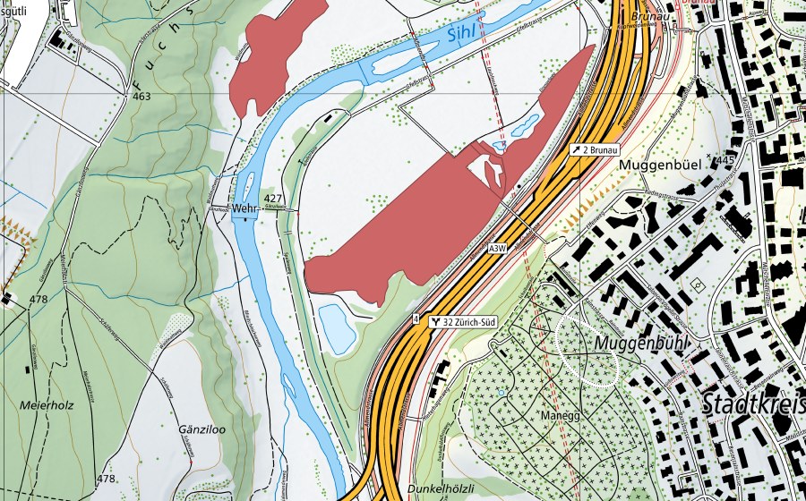 swisstopo national map showing the protected perimeter of Brunau (Dry meadow)