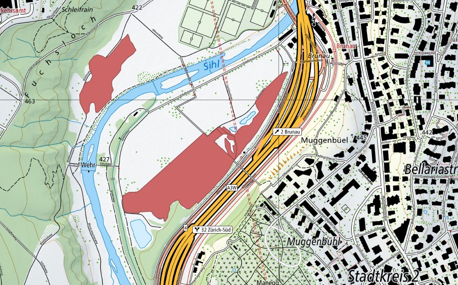 Landeskarte swisstopo mit dem Schutzperimeter von Brunau (Trockenwiese)