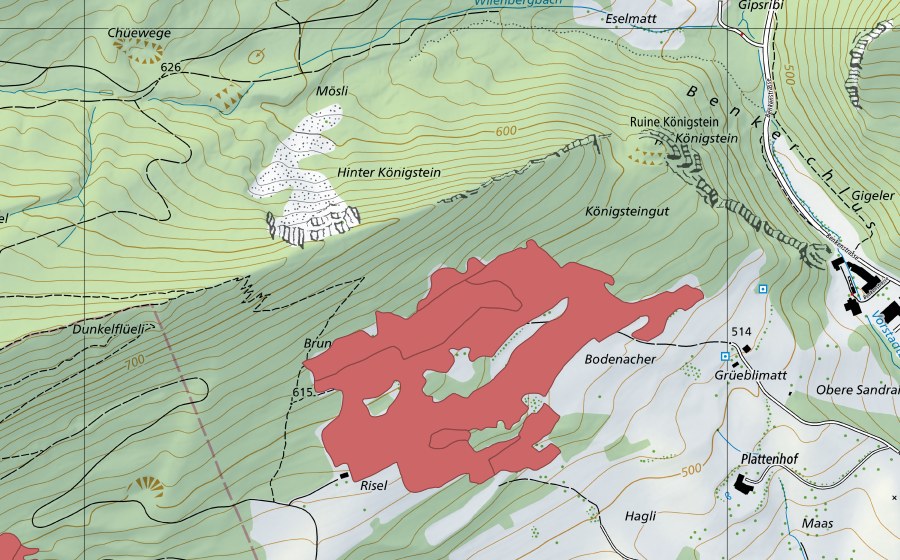 Landeskarte swisstopo mit dem Schutzperimeter von Brunneberg (Trockenwiese)
