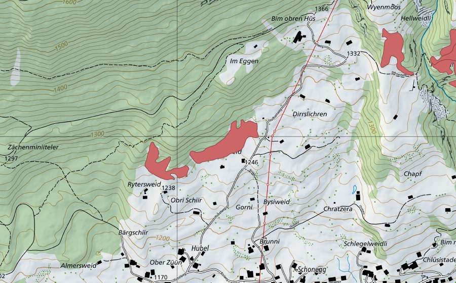 Carte nationale swisstopo avec le périmètre protégé de Brunniweid (Prairie sèche)