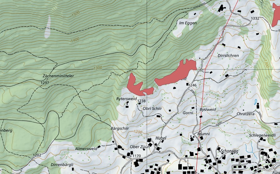 Carte nationale swisstopo avec le périmètre protégé de Brunniweid (Prairie sèche)