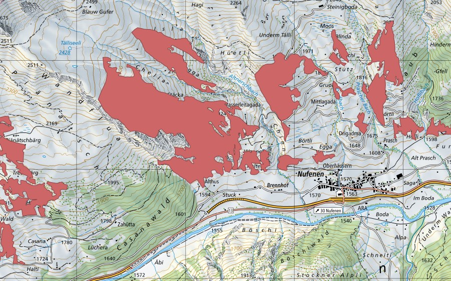Carte nationale swisstopo avec le périmètre protégé de Brunst (Prairie sèche)