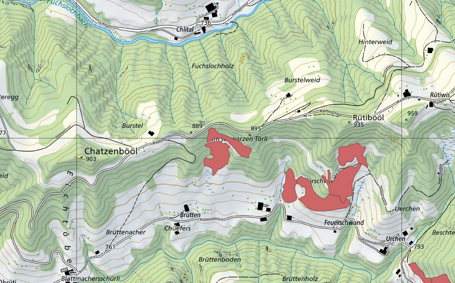 swisstopo national map showing the protected perimeter of Brütten (Dry meadow)
