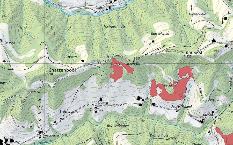 Carte nationale swisstopo avec le périmètre protégé de Brütten (Prairie sèche)
