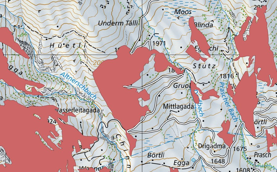 swisstopo national map showing the protected perimeter of Bruucheggen (Dry meadow)