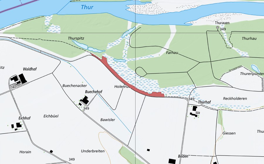 Carte nationale swisstopo avec le périmètre protégé de Buchenhof (Prairie sèche)