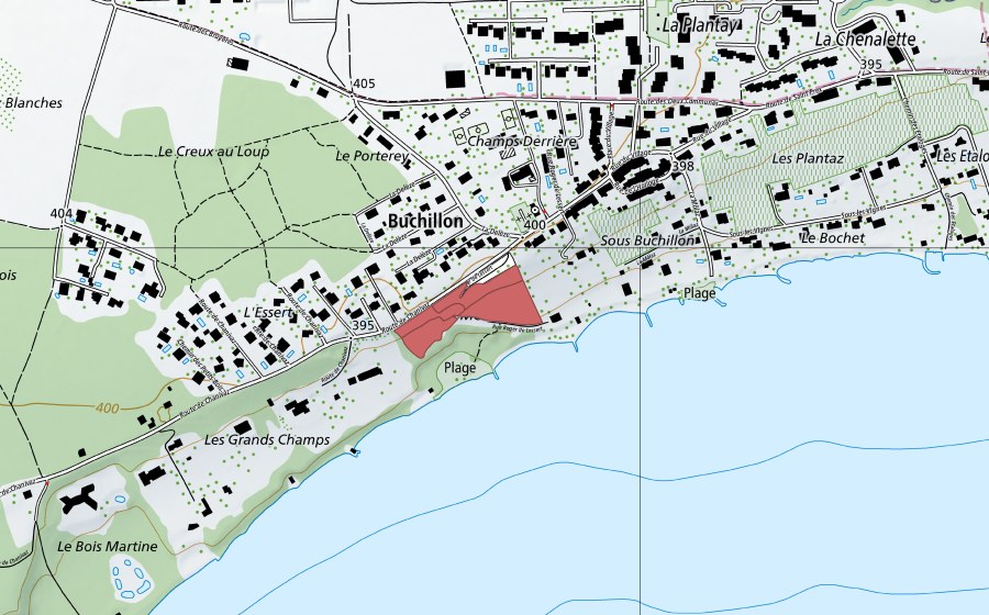Carte nationale swisstopo avec le périmètre protégé de Buchillon (Prairie sèche)