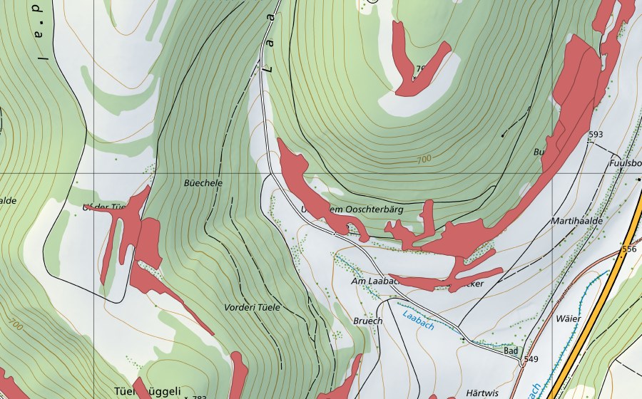 Carte nationale swisstopo avec le périmètre protégé de Buck (Prairie sèche)