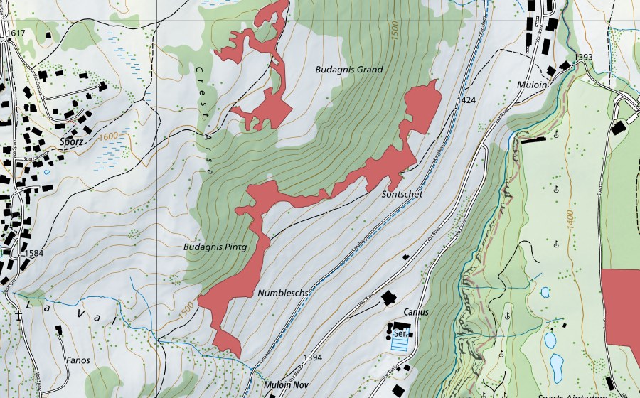 Landeskarte swisstopo mit dem Schutzperimeter von Budagnis (Trockenwiese)