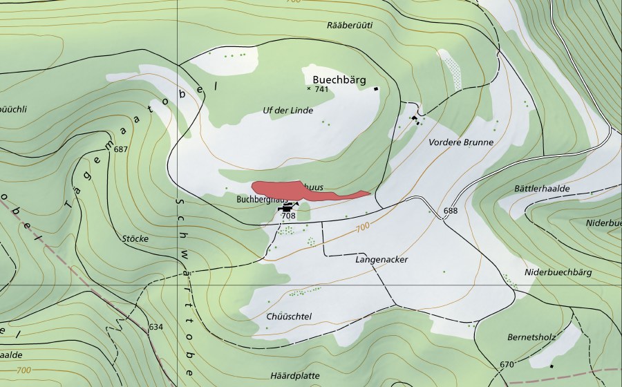 Landeskarte swisstopo mit dem Schutzperimeter von Buechberghus (Trockenwiese)