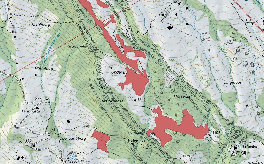 Carte nationale swisstopo avec le périmètre protégé de Buechen (Prairie sèche)
