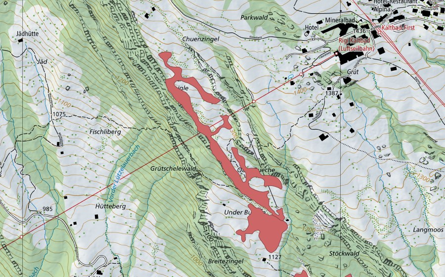 swisstopo national map showing the protected perimeter of Buechen (Dry meadow)